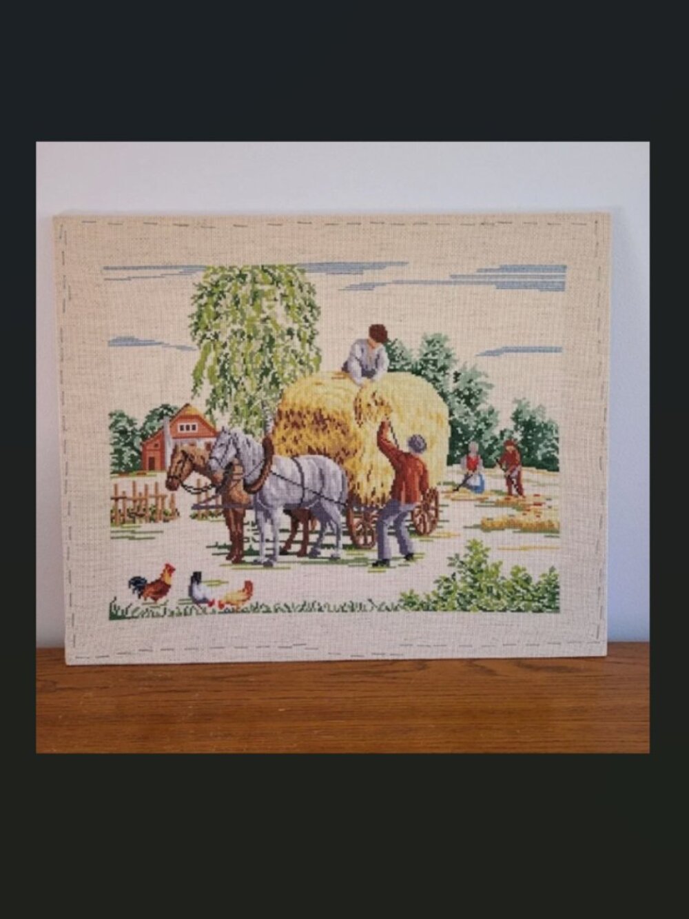 Vintage Cross Stitch Hay Wagon Barn Scene Farm Completed Textile Needlework